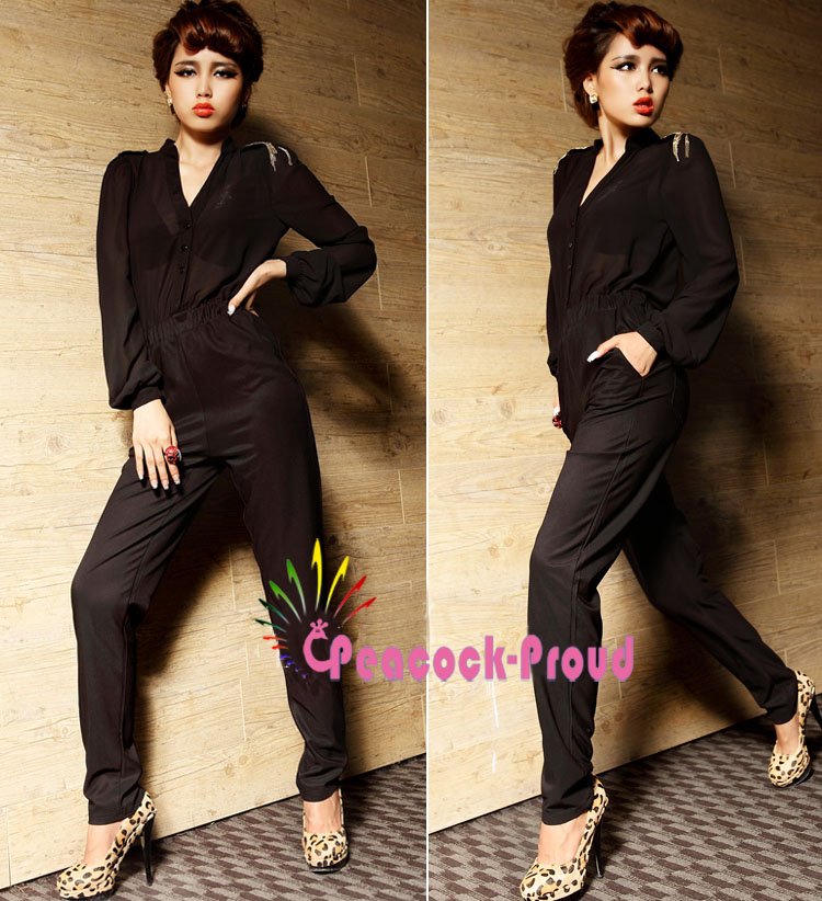 2012 Modern fashion / epaulettes / deep V-neck / chiffon / splicing coveralls trousers N388