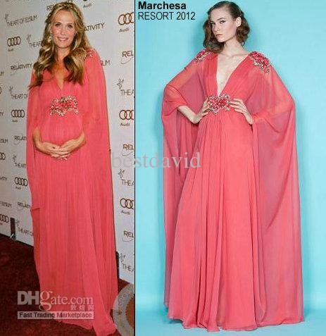 2012 Molly Sims Coral Maternity Celebrity Dresses V-neck Long Sleeves Chiffon Embellished A-Line