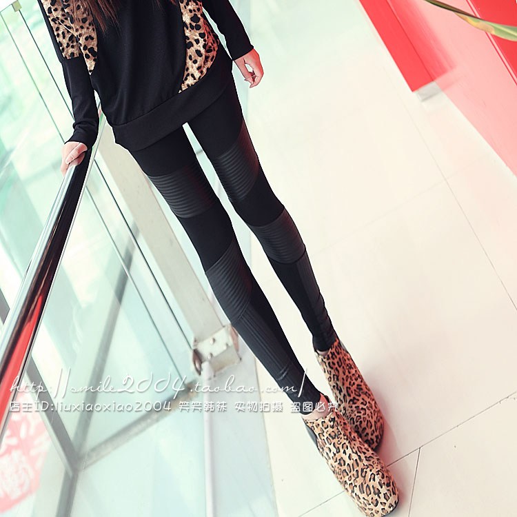2012 motorcycle faux leather stripe autumn ankle length legging female kk90157