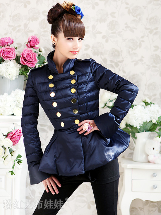 2012 navy blue double breasted stand collar slim waist fashion handsome women's down coat Free Shipping