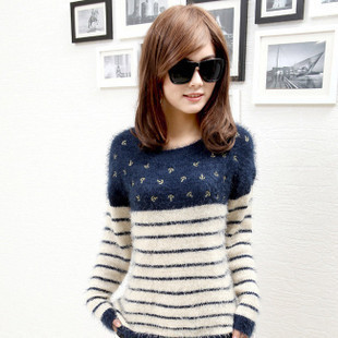 2012 navy style anchor loose plush female o-neck stripe pullover sweater