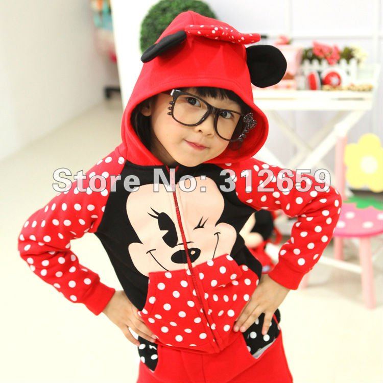 2012 New 4 pieces/lot cotton red and black dot Mickey design girls hoodies kids coats