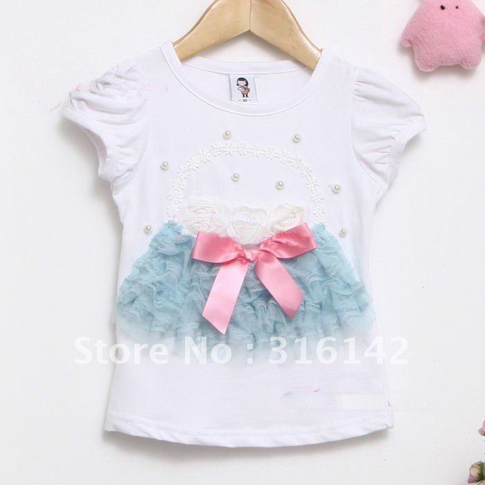 2012 new 5pcs/lot baby short sleeve T-shirts bud silk t shirt girls t-shirt  100%cotton 8837 -5 white