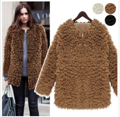 2012 New 6 Size 3 Colors Occident Luxurious Fashion Women Lady Female Lamb Sheep Fur Cashmere Long Sleeve Coat Outerwear