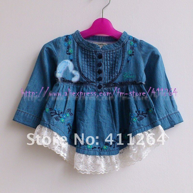 2012 NEW 6pcs/lot(1-6 years old) Wholesale girls embroidered organ fold denim blouses with lace girls jeans shirts Free shipping