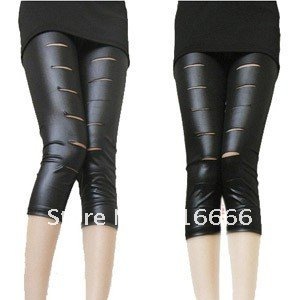 2012 new and fashion ladies' tight leggings for spring and summer season.3/4 elastic leather legging with holes hot item!!