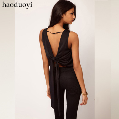 2012 New Arrival Asos sexy back long bow decoration black chiffon shirt vest V-neck streetwear sleeveless shirt Free Shipping