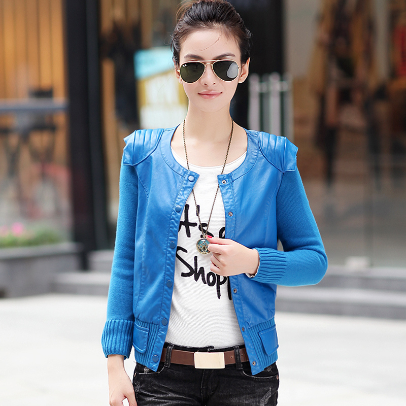 2012 new arrival autumn all-match short design knitted sleeve slim small leather clothing