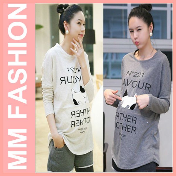 2012 New Arrival Autumn And Winter Maternity Tops Super Cute Maternity Tops Long Sleeve Two Color  O-Neck Maternity T-Shirt