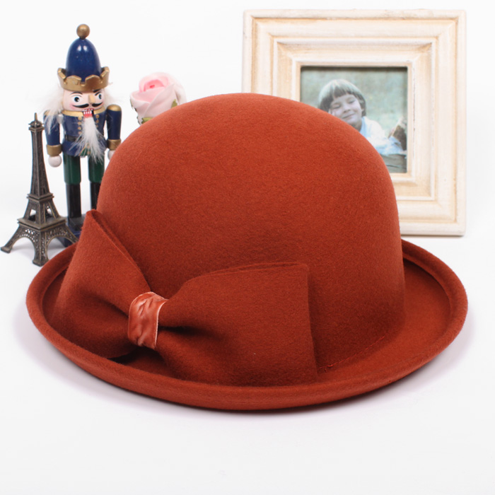 2012 new arrival autumn and winter pure wool big bow roll-up hem dome fedoras female small round wool hat