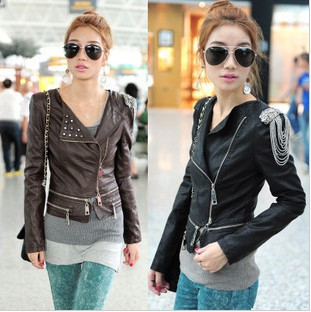 2012 new arrival autumn and winter tassel epaulette women's slim turn-down collar leather clothing outerwear