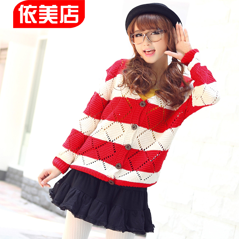 2012 new arrival autumn cutout sweater women`s sweater long sleeve stripe V-neck cardigan for women,free shipping
