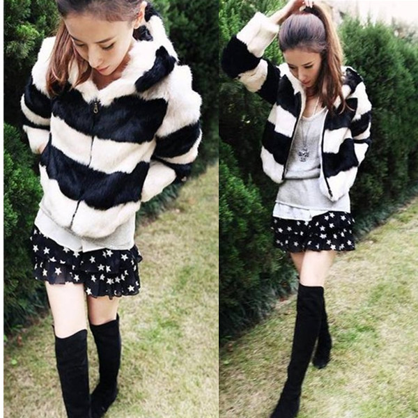 2012 new arrival autumn outerwear elegant plush wool zipper stripe fur thick women's