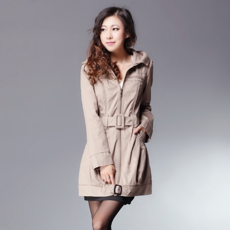 2012 new arrival autumn women's thick outerwear long-sleeve zipper medium-long with a hood trench Free Shipping
