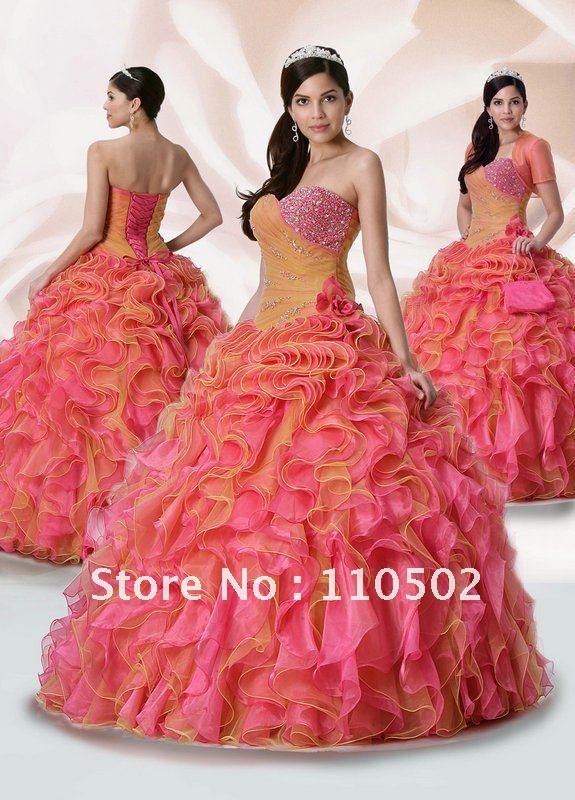 2012 new arrival beaded sweetheart orange and pink quinceanera dresses
