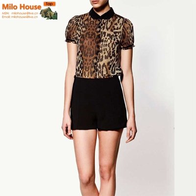 2012 new arrival  beautiful all match leopard print chiffon puff sleeve vintage small lapel short-sleeve women's shirt