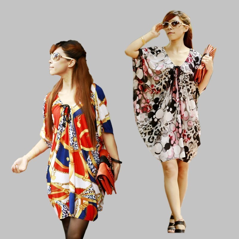 2012 new arrival big yards loose chiffon dress women, one-piece print dress short skirt xxxxl size retail free shipping