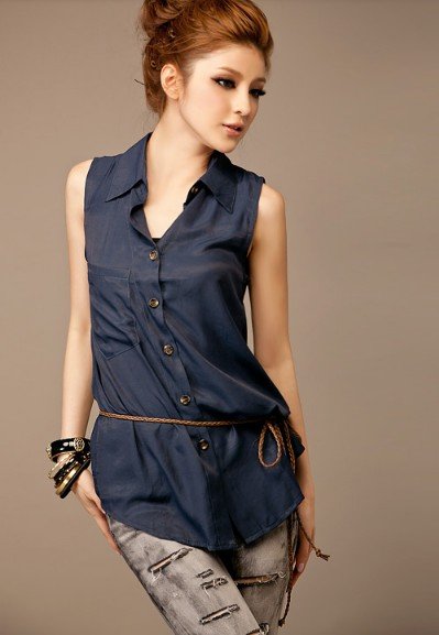 2012 new arrival black/white/dark blue women blouse sleeveless turn-down blouse free shipping wholesale