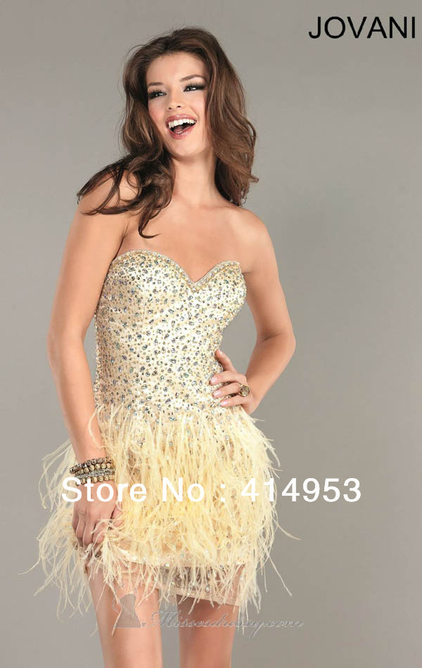 2012 New Arrival Crystal Beaded Full Bodice Custom made Short Feathers Cocktail Dresses Free Shipping