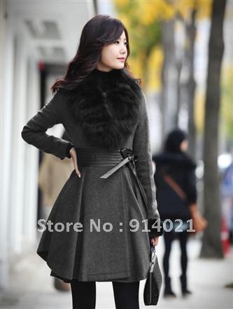 2012 new arrival elegant gray classic fur collar coat,pleated genuine leather belt, slim waist, slim wool coat