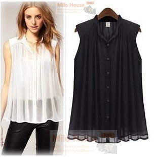 2012 new arrival elegant office lady beautiful lovely women's plain pleated sleeveless small stand collar chiffon shirt blouse