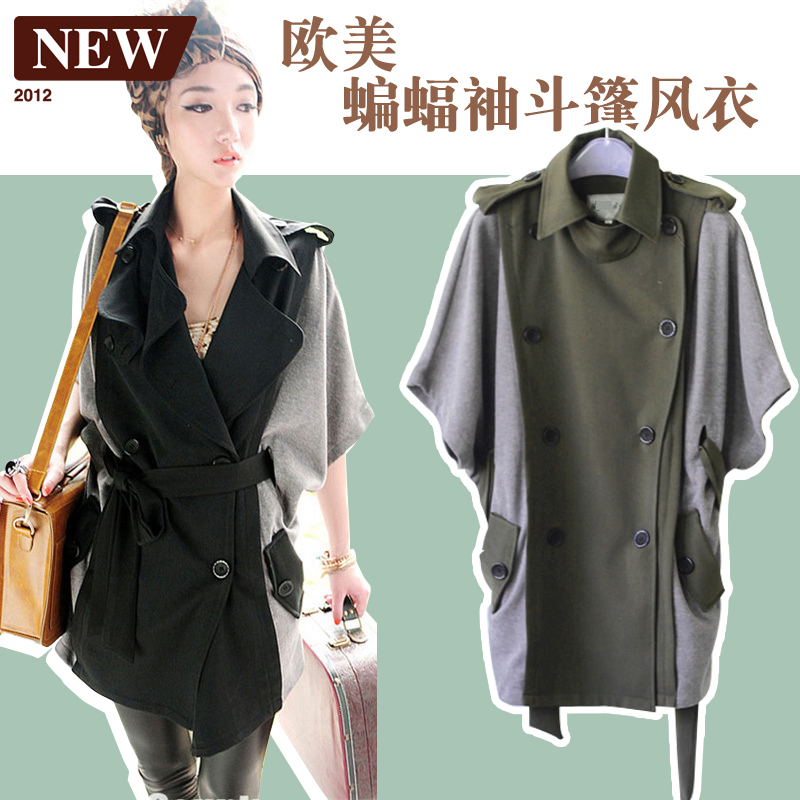 2012 new arrival fashion double breasted batwing sleeve poncho color block decoration olive trench half sleeve female outerwear