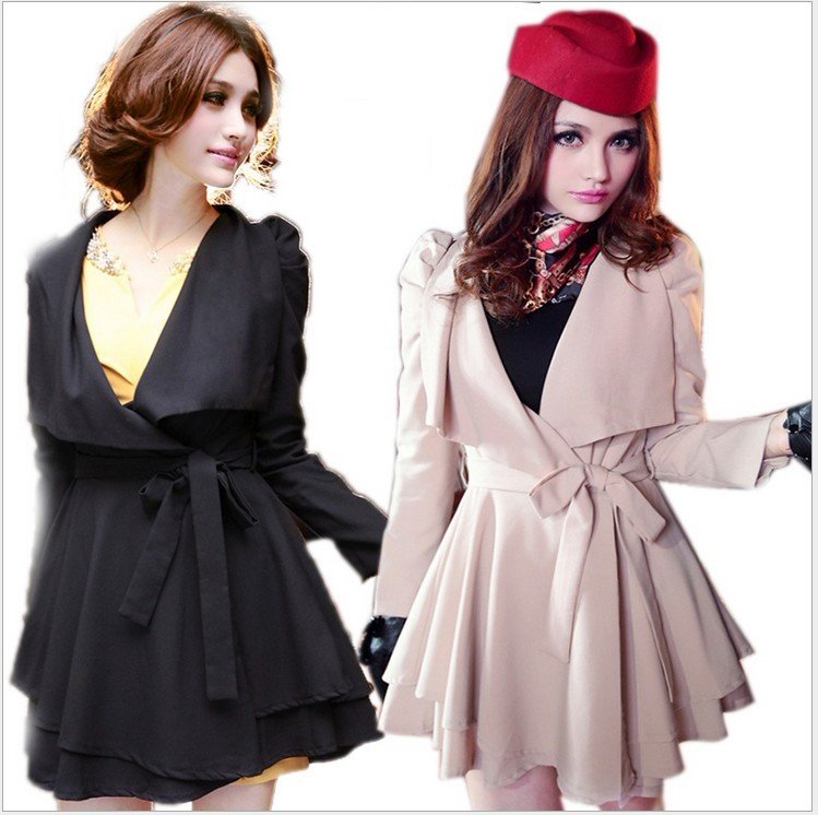 2012 New arrival fashion golilla trench coat for women black/beige irregular skirt Outerwear Dresses Style Tops, free shipping