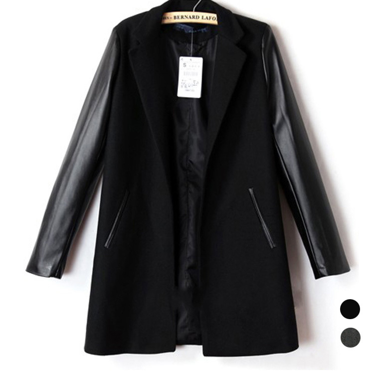 2012 new arrival fashion long design PU patchwork wool coat medium-long trench woolen outerwear