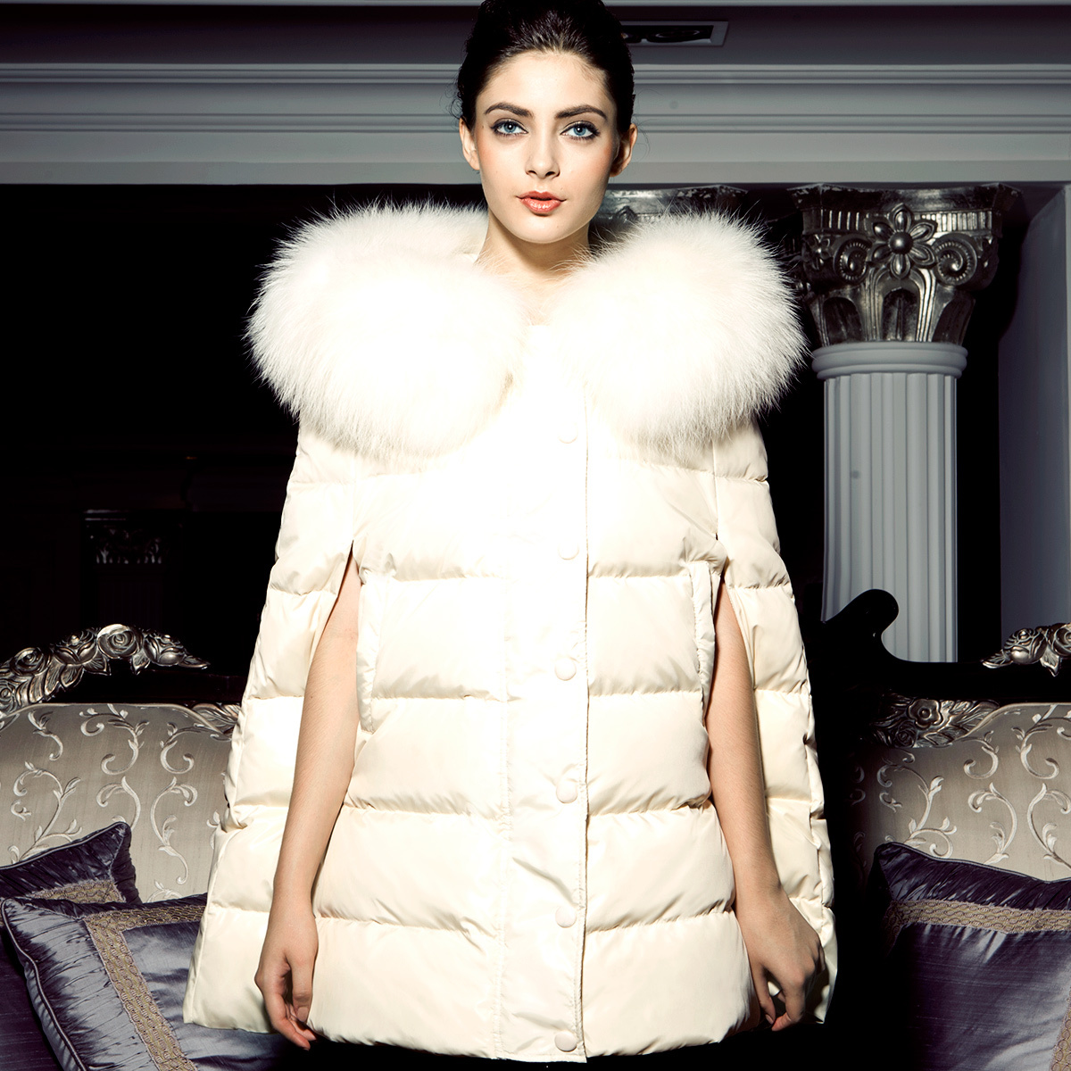 2012 new arrival fashion women's large fur collar medium-long cloak fur down coat female y034