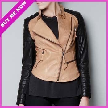 2012 New Arrival Fashion Women's Slim Patchwork Pu Leather Jackets Motocycle Jackets Coat  Black Khaki Free Shipping