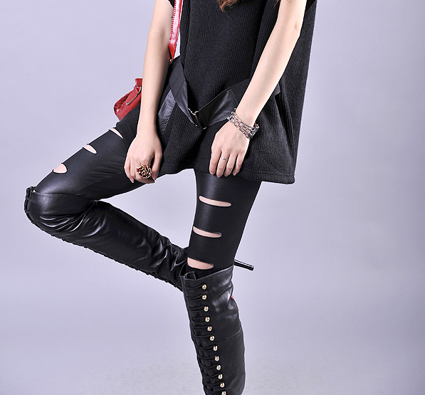 2012 new arrival faux leather pants hole legging ankle length trousers spring and summer autumn female dull