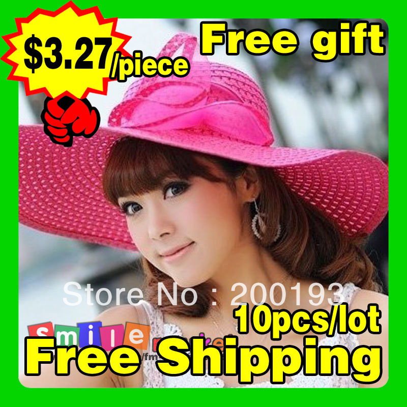 2012 New Arrival!!! Free shipping 10pieces/lot PORTABLE FOLDABLE and FASHION WIDE brim Summer Beach Hats for ladies(Mix colors)