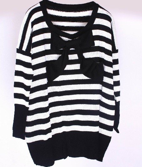 2012 new arrival Free shipping Korean style Big Bow Black and white stripes women sweater pullovers Black/White