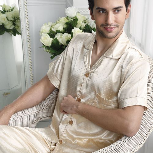 2012 new arrival men's short sleeve length pants faux silk sleep set gift box packaging silk sleepwear 0088