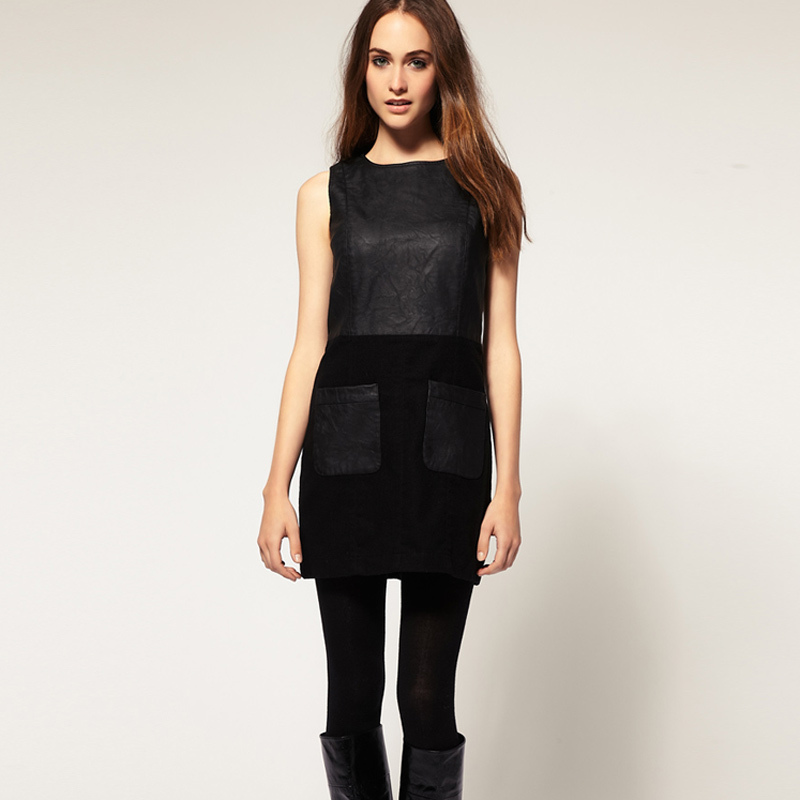 2012 new arrival pocket prettifier one-piece dress fashion solid color slim o-neck long-sleeve leather mosaic pullover  -sk