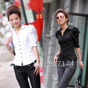 2012 New Arrival&PROMOTION ladies Purf Sleeve shirt,OL shirt&blouse,Asian:M-XL,Black/White,#1091,Free shiping