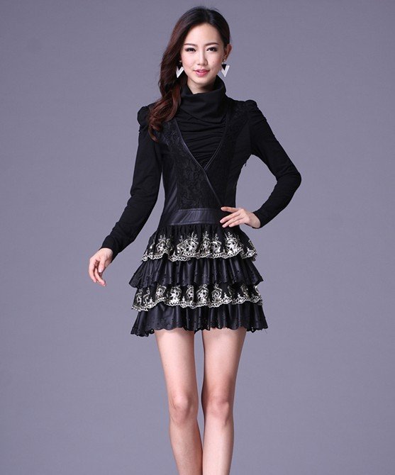 2012 New Arrival Pu leather Lace Dress