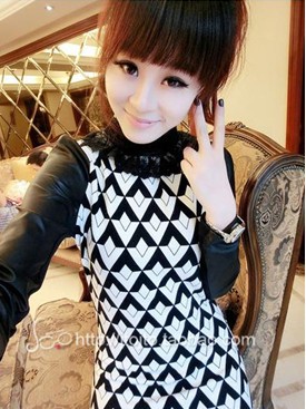 2012 new arrival sexy patchwork faux leather lace stand collar one-piece dress