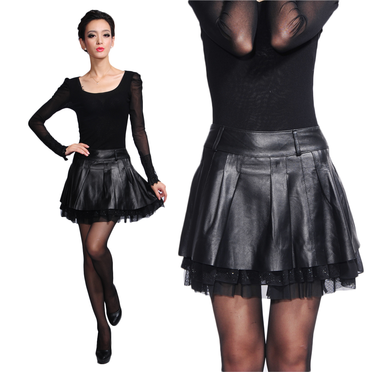 2012 new arrival sheepskin pleated skirt lace leather skirt genuine leather bust skirt autumn and winter short skirt