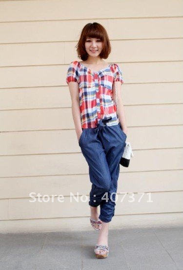 2012 new arrival spring new arrival Grid pattern bowknot capri pants Jumpsuits