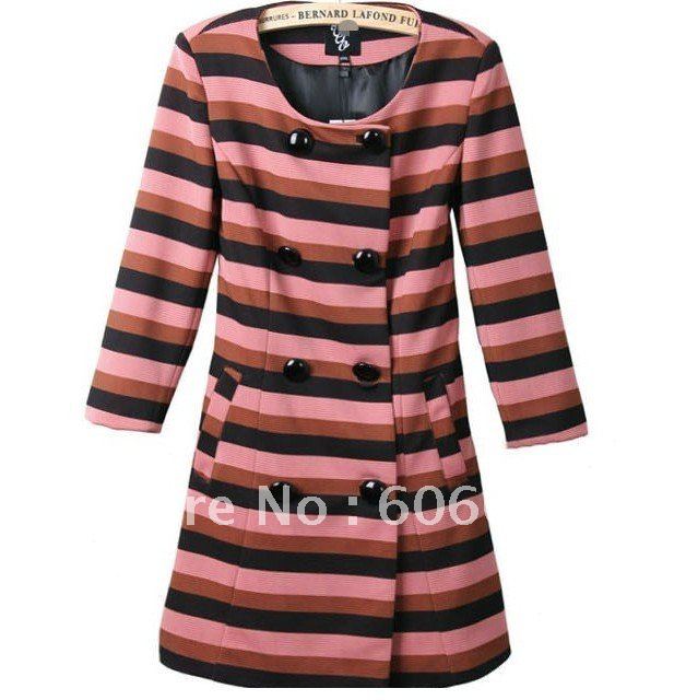 2012 New Arrival Top Quality Women Stripe Autumn Trench Coat, Woman Fashion Winter Casual Star Style Outwear Free Shipping