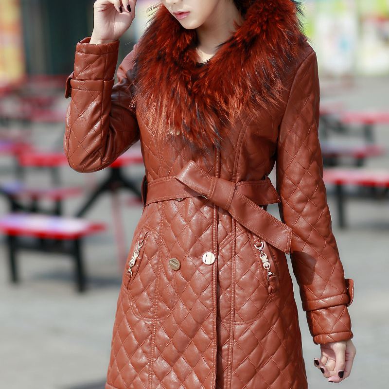 2012 new arrival winter leather clothing outerwear long design slim women's PU clothing plus size fur collar women's