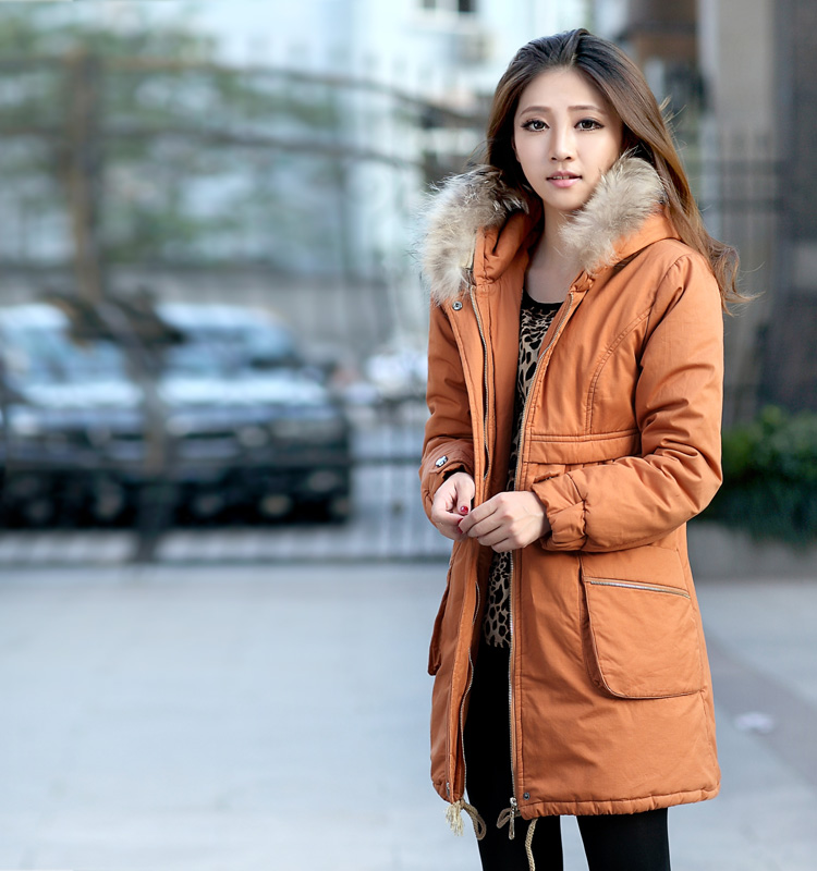 2012 new arrival winter wadded jacket medium-long outerwear large fur collar female Army Green cotton-padded jacket winter
