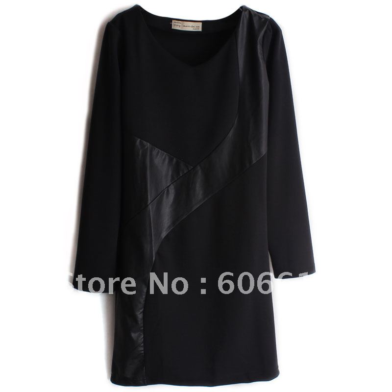 2012 new arrival Women autumn winter fashion casual slim v-neck Pu leather long-sleeve dress for woman Free Shipping