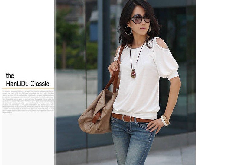 2012 new arrival women fashion shoulder exposed short Sleeve tee t-shirt blouse Free Shipping High qulity