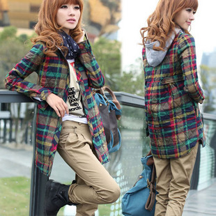 2012 new arrival women outerwear plaid small cotton-padded jacket medium-long autumn and winter wadded jacket cotton-padded