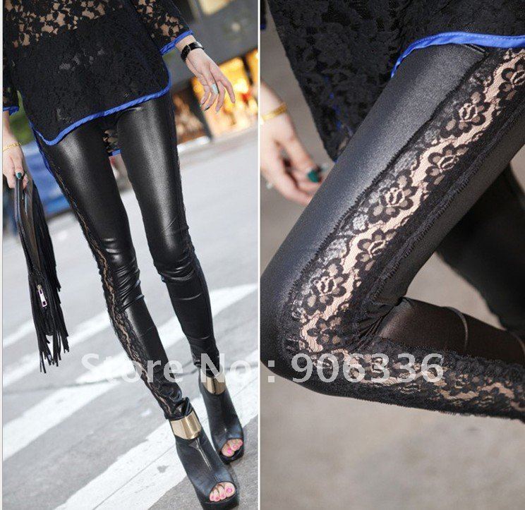 2012  new arrival women PU leather warm leggings,women lace pants  free shipping factory price