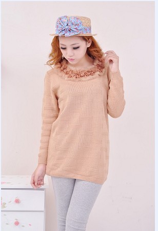 2012 new arrival women's autumn and winter o-neck solid color long square grid collar plus velvet flower sweater (WC005)