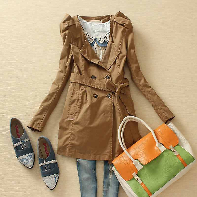 2012 new arrival women's double breasted o-neck pads double side pocket medium-long trench outerwear b1