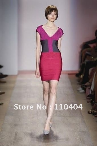 2012 New arrival Women's Noble sexy V-necklace color matching Bandage Dress  Cocktail Evening Dresses 158